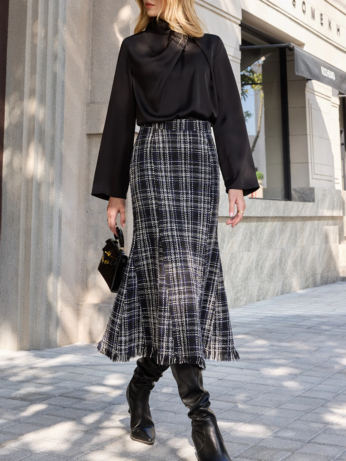 Tweed Plaid Fringe Midi Skirt - Image 2