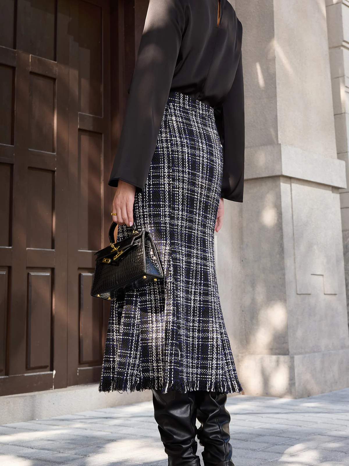 Tweed Plaid Fringe Midi Skirt - Image 6