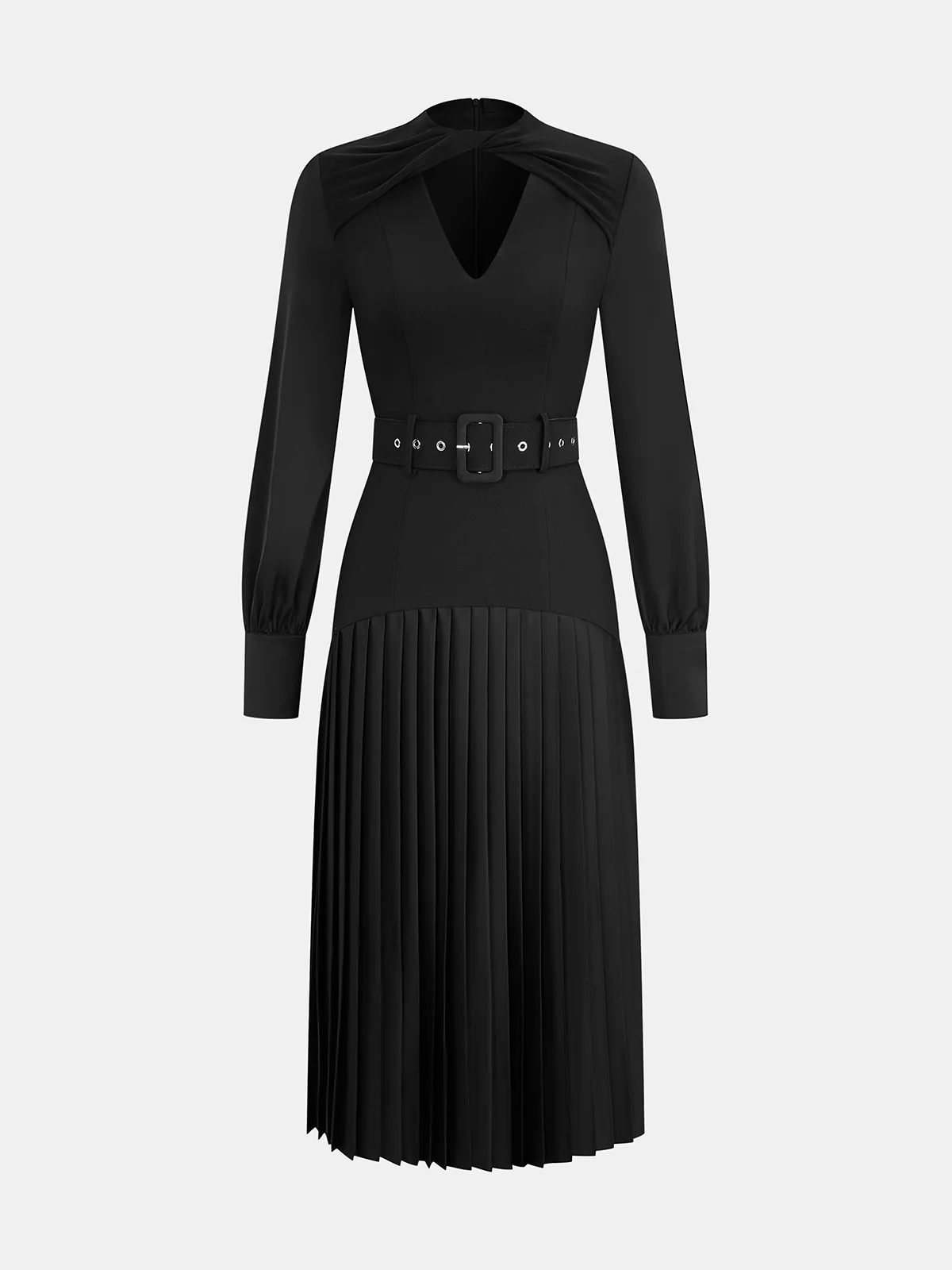 Twisted V-Neck Belted Pleated Midi Dress