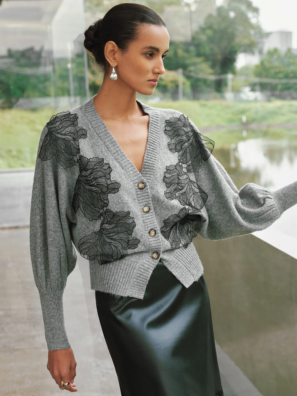 V-Neck Lace Flower Button Cardigan - Image 3