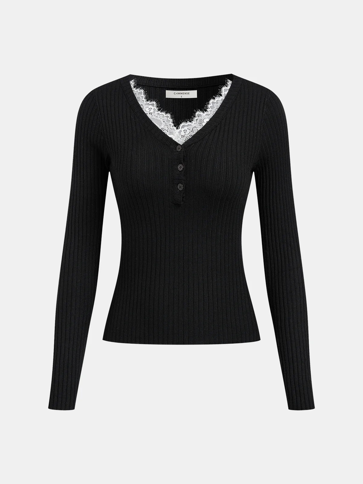 V-Neck Lace Trim Ribbed Knit Top
