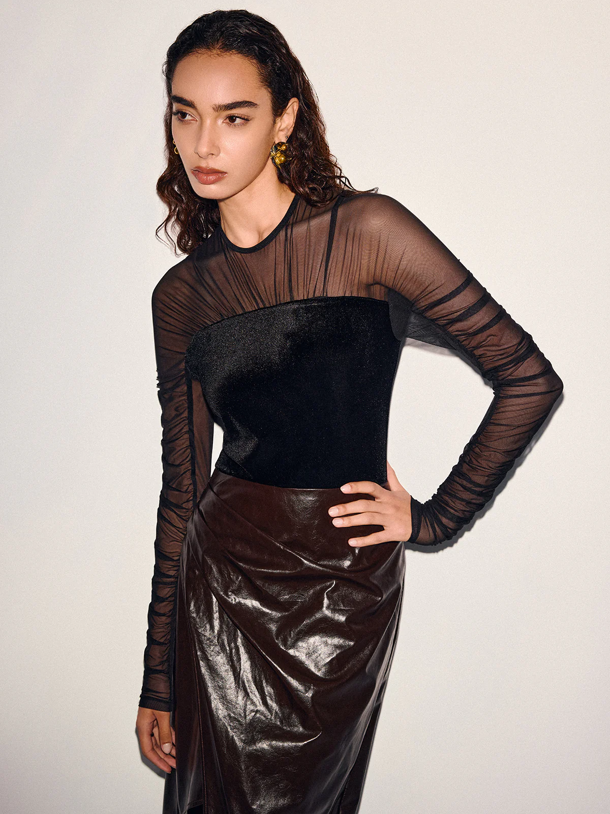 Velvet-Mesh Panel Long-Sleeve Top - Image 3