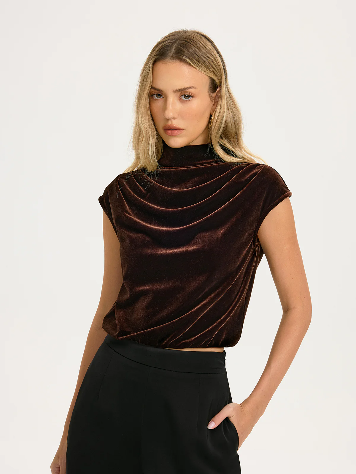 Velvet Mock-Neck Draped Cap-Sleeve Crop Top - Image 4