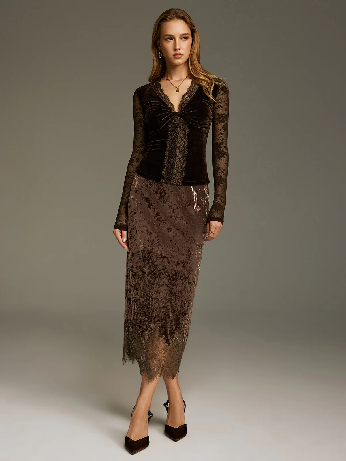 Velvet V-Neck Lace Panel Twisted Top - Image 7