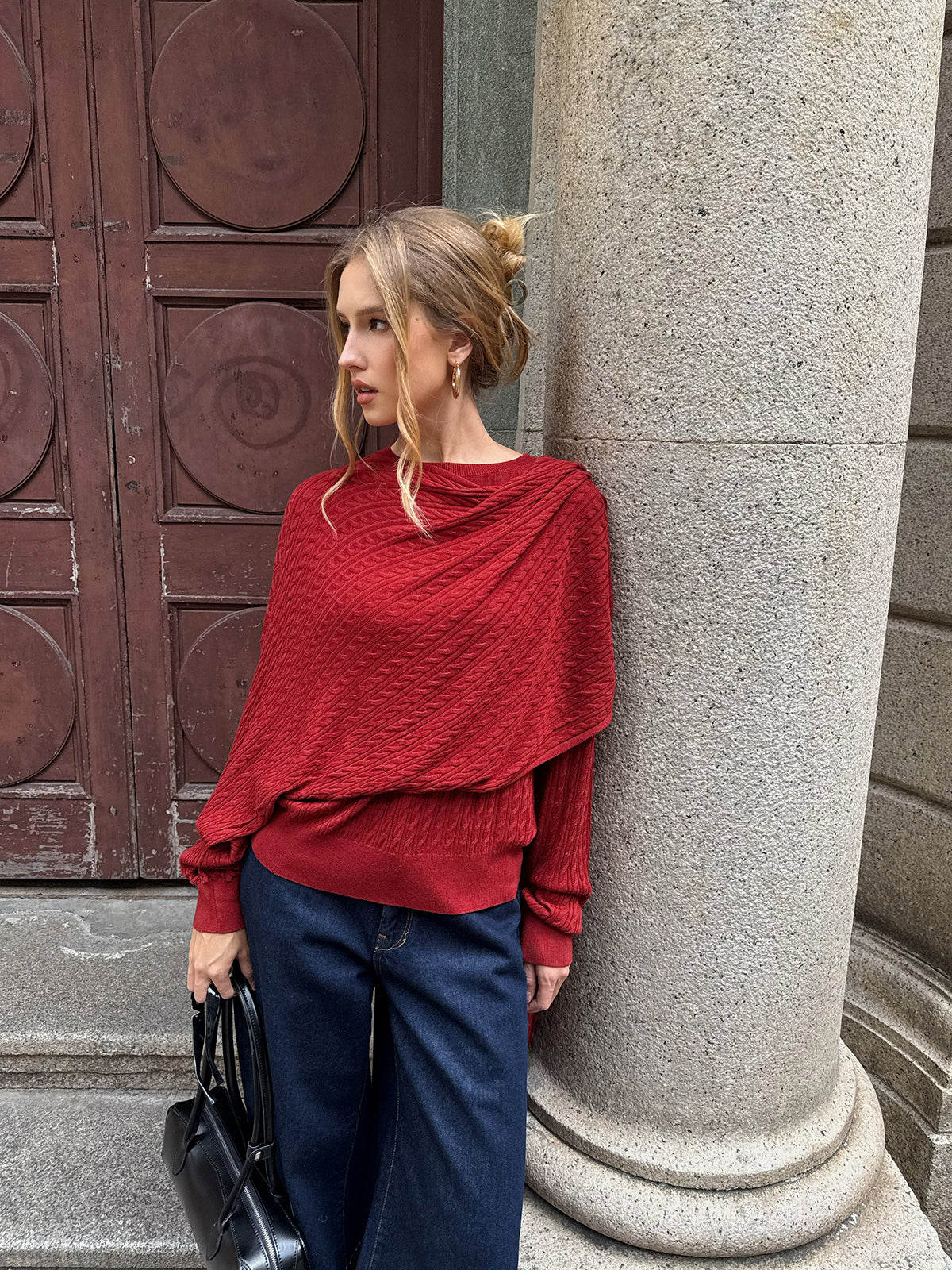 Wool Blend Cable Knit Draped Asymmetric Sweater - Image 4