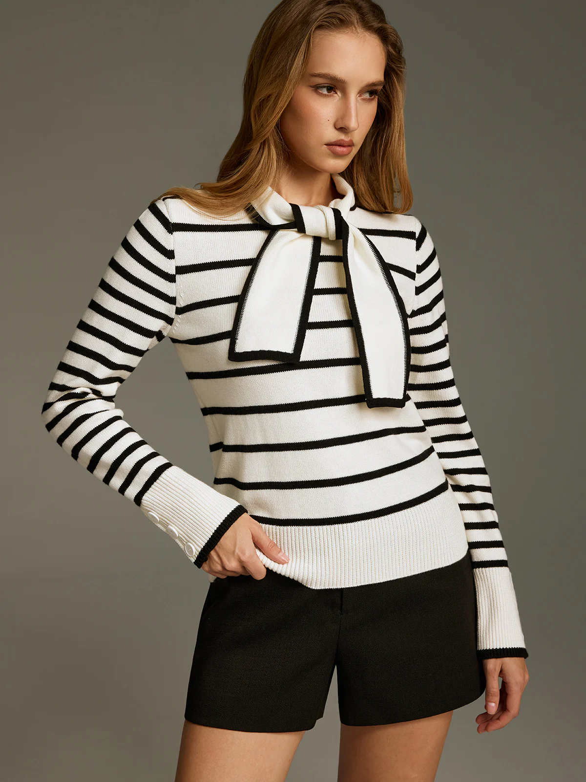 Wool-Blend Striped Knot-Collar Knit Top - Image 3