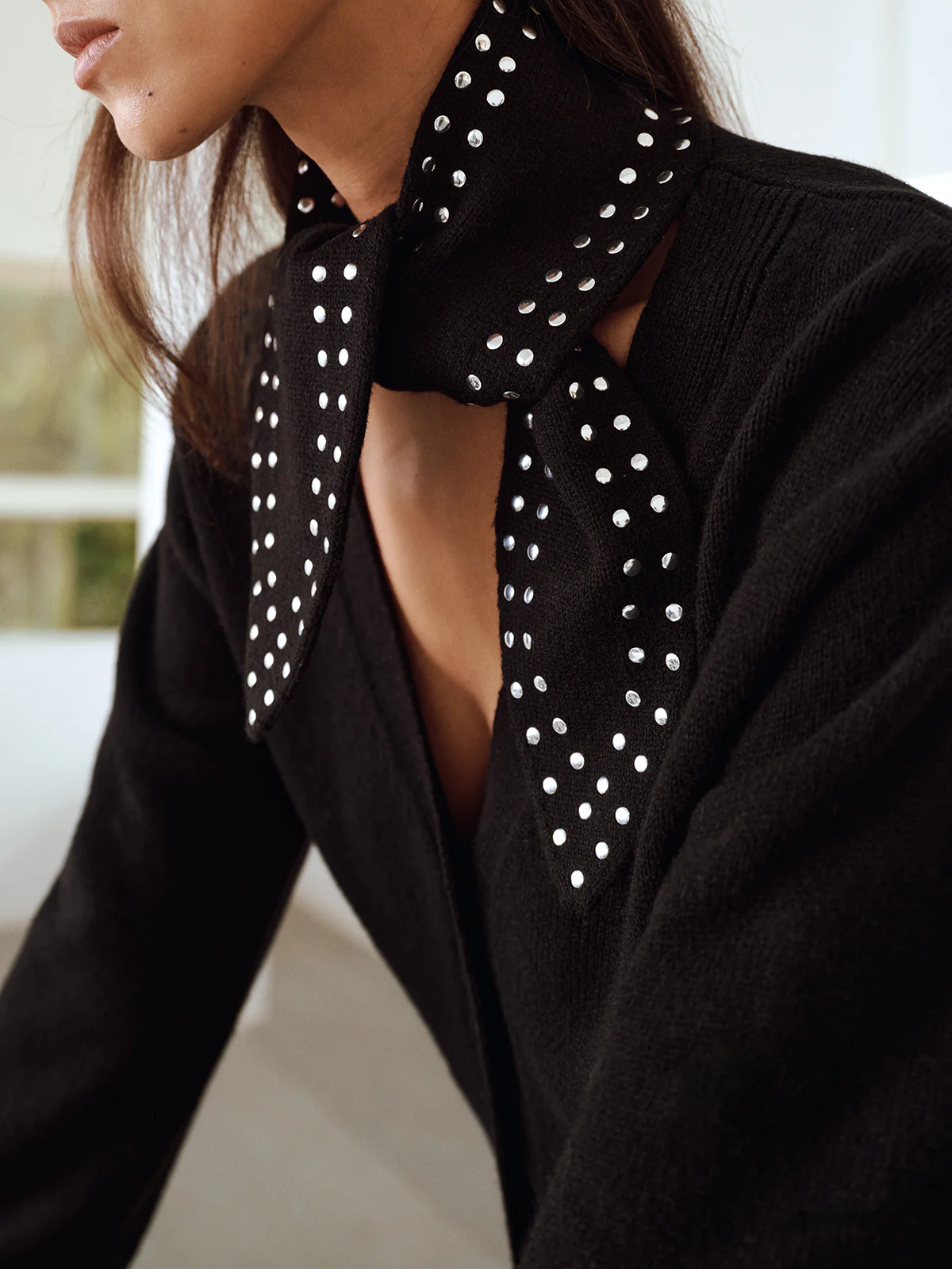 Wool Blend V-Neck Cardigan with Studded Scarf - Image 2
