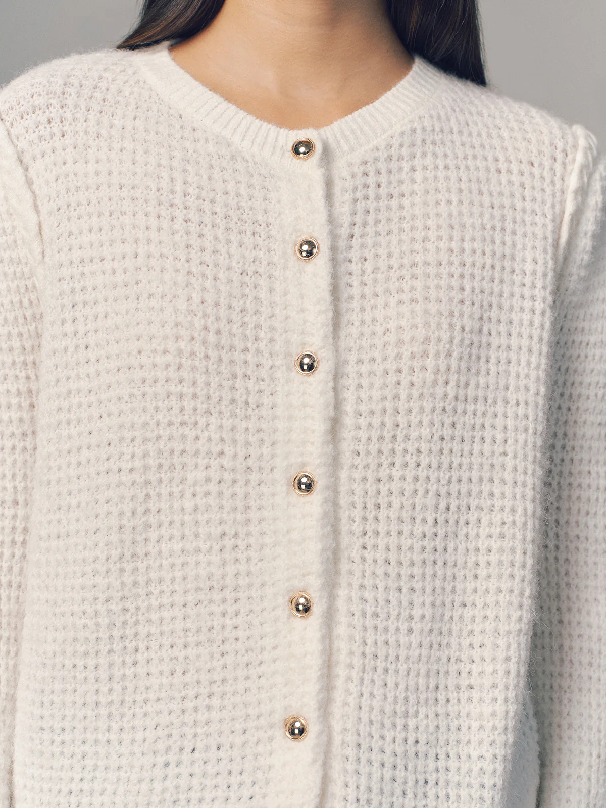 Wool Blend Waffle Knit Buttoned Cardigan - Image 3