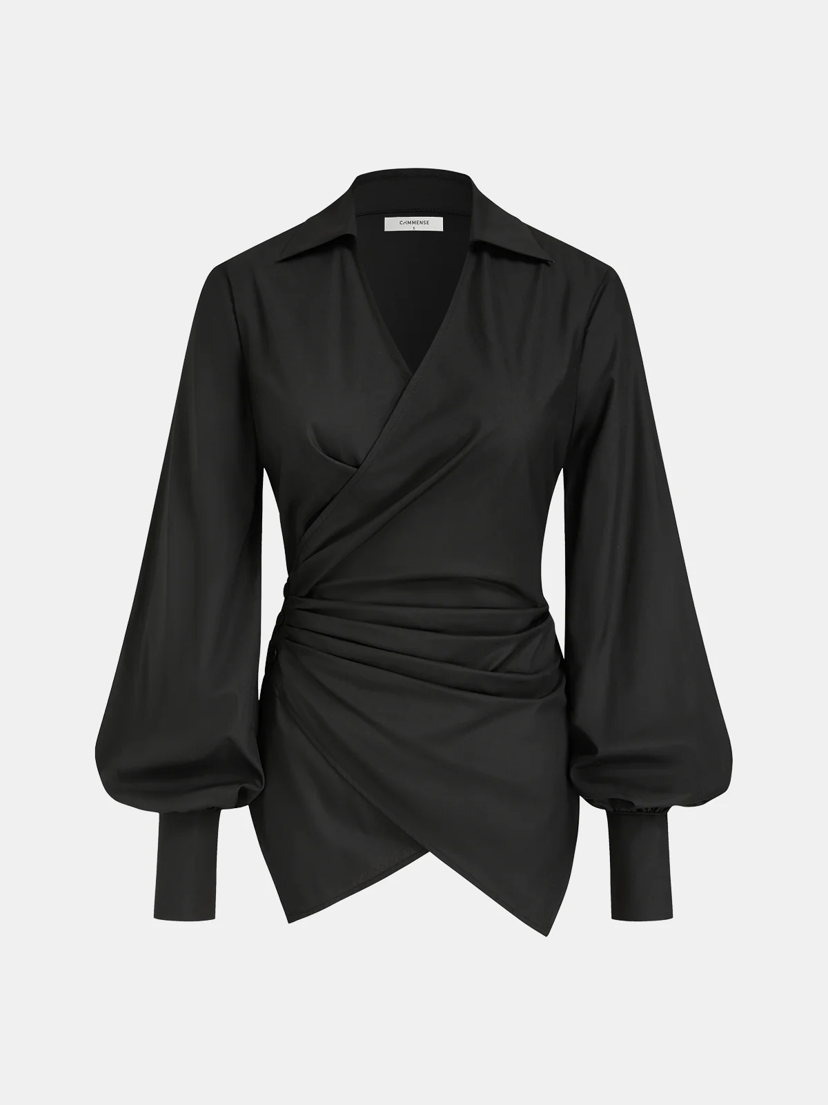 Wrap-Front Ruched Waist Balloon Sleeve Blouse